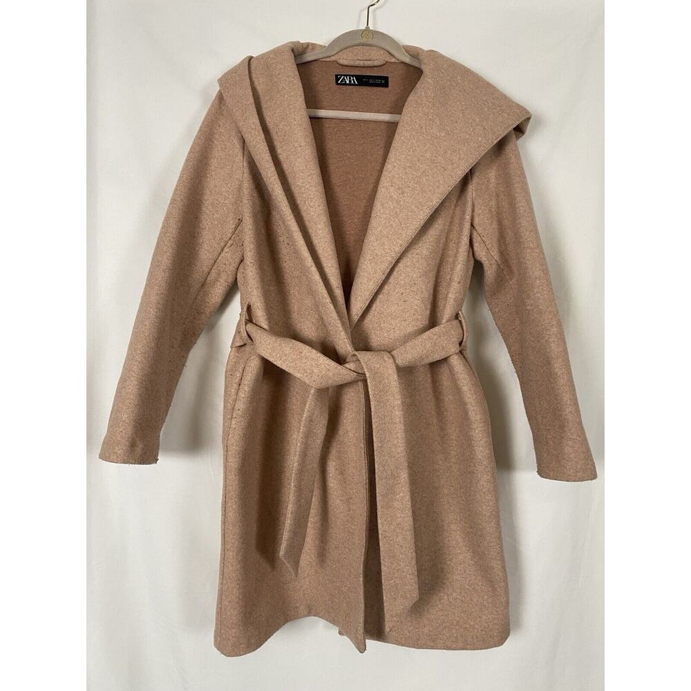 Zara Women Belted Hooded Coat Pockets Knee Length In Blush Size S